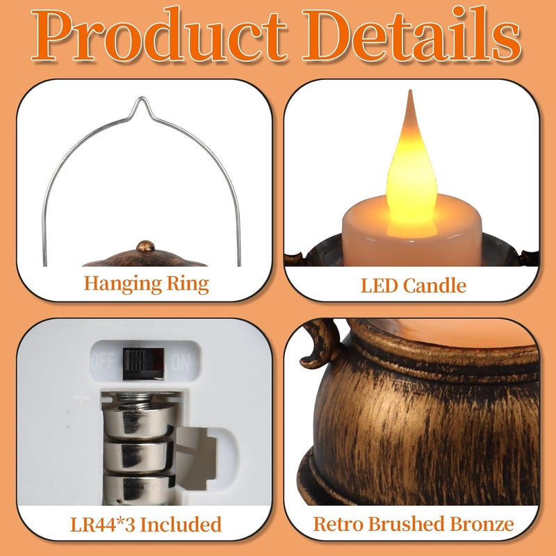 Reperla 12Pcs Mini Lantern Decorative with Flickering LED Candle, 6Inch Small Western Lantern for Table Centerpiece, Vintage Hanging Candle Holders for Western Halloween Camping Party Decor (Brown) - Image 5