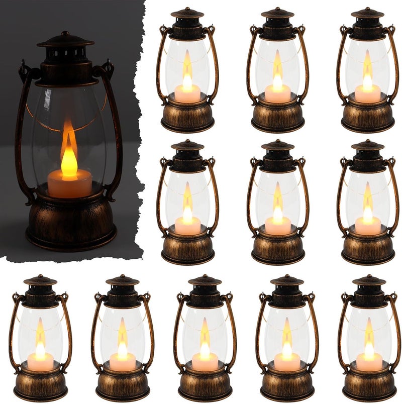 Reperla 12Pcs Mini Lantern Decorative with Flickering LED Candle, 6Inch Small Western Lantern for Table Centerpiece, Vintage Hanging Candle Holders for Western Halloween Camping Party Decor (Brown) - Image 1