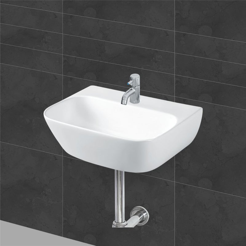Belmonte Prime Wall MountedTable Top Wash Basin White Ceramic Glossy Finish Punched Tap Hole 17x12x5 Inch - Image 1