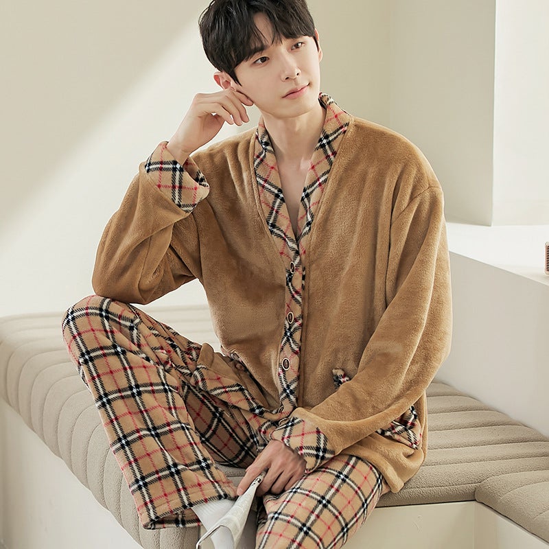 2022 Autumn Winter Coral Fleece Couple Pajamas Coffee male F002 