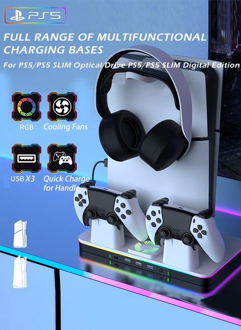 PS5 / PS5 Slim Stand and Cooling Station with Controller Charging Station for Sony Playsation 5 Slim&Standard Disc/Digital Console PS5 Accessories Incl Cooling Fan, RGB LED, USB Hubs, Headset Holder,Game Slot