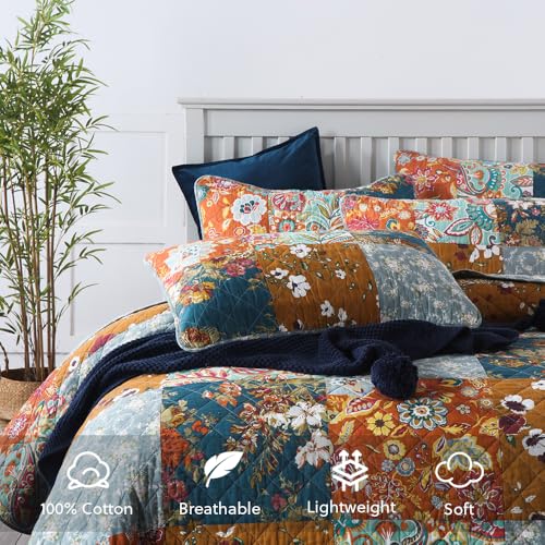 camandy Cotton Bedspread Quilt Bedding Sets 3 Pieces Reversible Coverlet Sets Comforters Luxury Paisley Floral Patchwork Brown Bedspread, Queen Size - Image 3