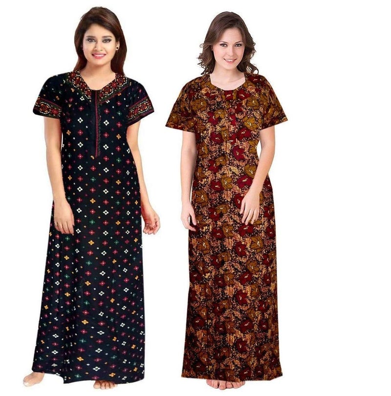 Keyocean Women's Cotton Printed Nighty Night Gown Maxi Free Size (Pack of 2) Brown & Navy Blue - Image 1