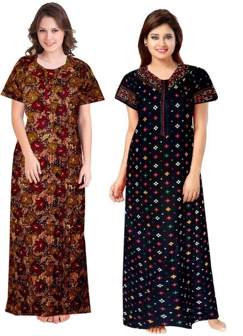 Keyocean Women's Cotton Printed Nighty Night Gown Maxi Free Size (Pack of 2) Brown & Navy Blue - Image 4