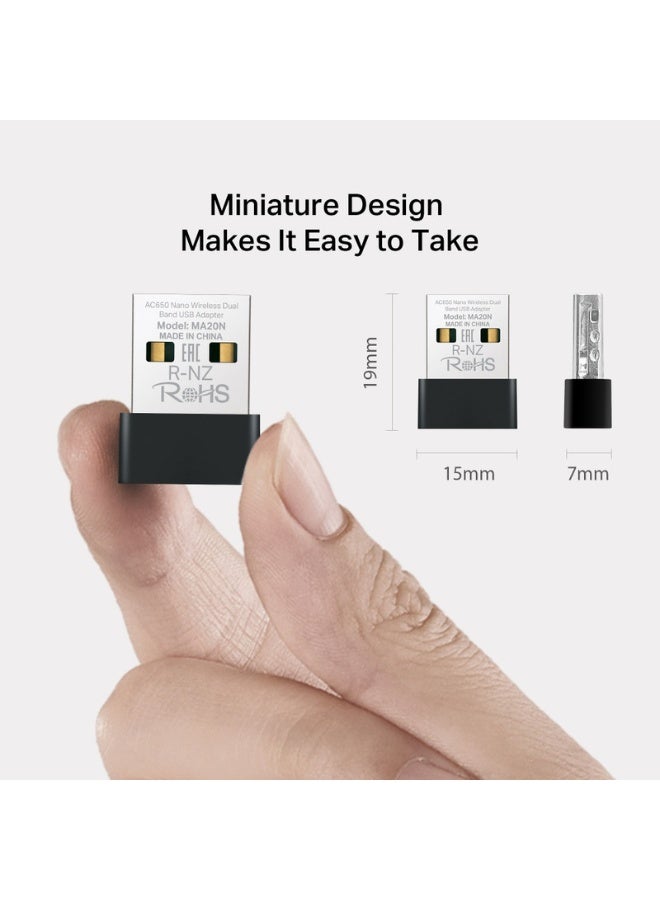 ميركوسيس محول USB مزدوج النطاق MA20N AC650 نانو لاسلكي – دنجيل واي فاي 5 مدمج، 2.4GHz/5GHz، توصيل وتشغيل للكمبيوتر الشخصي واللابتوب - Image 2