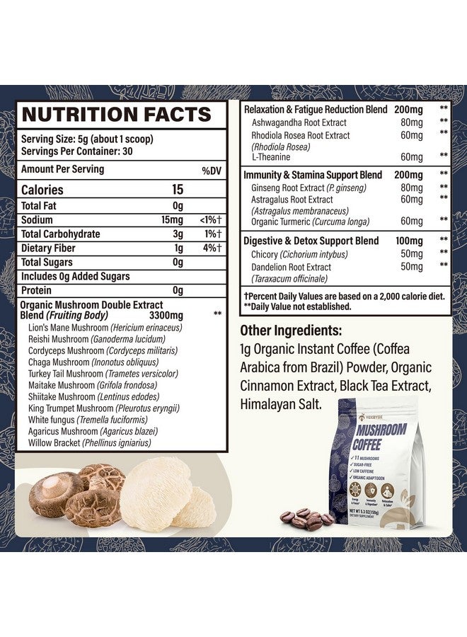 Mushroom Coffee Organic, 11 Superfood Mushrooms includes Lion's Mane, Reishi, Chaga & Ashwagandha, Organic Mushroom Coffee for Focus*, Energy, Memory & Degestion, Low Caffeine & Sugar Free, 5.3oz