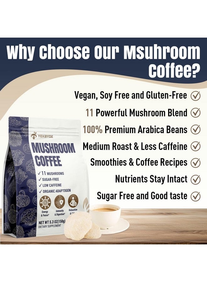 Mushroom Coffee Organic, 11 Superfood Mushrooms includes Lion's Mane, Reishi, Chaga & Ashwagandha, Organic Mushroom Coffee for Focus*, Energy, Memory & Degestion, Low Caffeine & Sugar Free, 5.3oz
