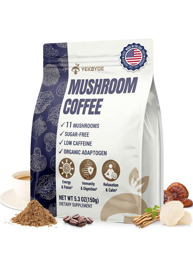 Mushroom Coffee Organic, 11 Superfood Mushrooms includes Lion's Mane, Reishi, Chaga & Ashwagandha, Organic Mushroom Coffee for Focus*, Energy, Memory & Degestion, Low Caffeine & Sugar Free, 5.3oz