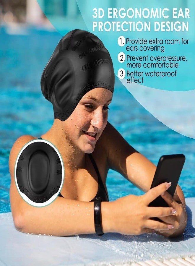 SHIFTER Latest Designed Long Hair Silicone Swim Cap, Keeps Hair Clean with Ear Protector,Waterproof Silicone Swimming Cap for Adult Woman and Men Set of 2 in Blue and Black - Image 2