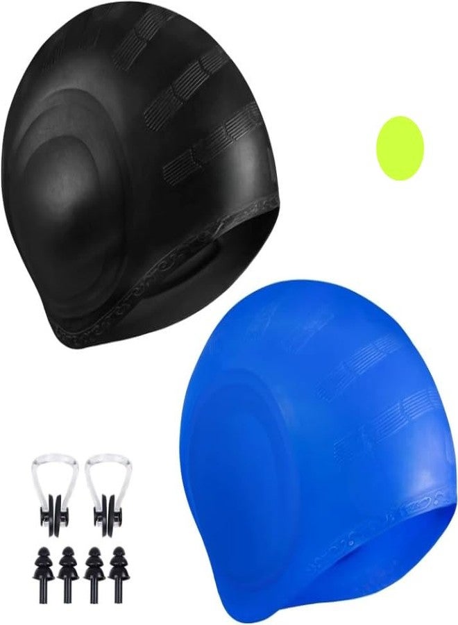 SHIFTER Latest Designed Long Hair Silicone Swim Cap, Keeps Hair Clean with Ear Protector,Waterproof Silicone Swimming Cap for Adult Woman and Men Set of 2 in Blue and Black - Image 1
