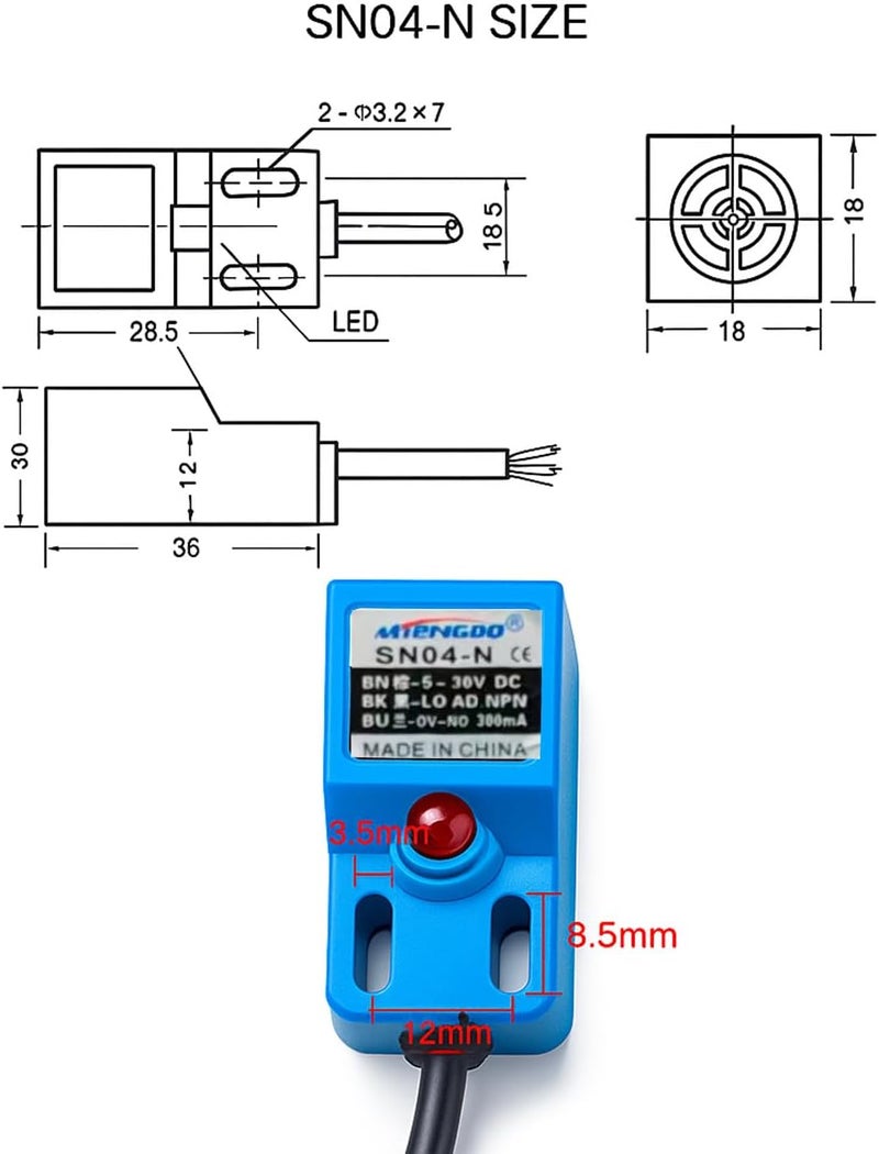 Gebildet حساس القرب الاستقرائي SN04-N NPN NO مفتاح الكشف العادي المفتوح مع حامل SN (أزرق، عبوة 2) - Image 4