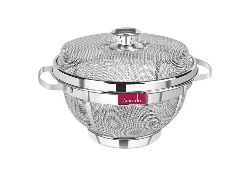Amanda Stainless Steel Round Flat Basket with LID Used for Keeping Fruits Vegetables Premium 304 Food Grade Stainless Steel Size no 10 26 cm Diameter30L x 26W x 16H centimeters Silver - Image 1