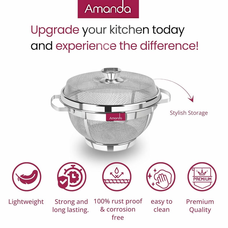 Amanda Stainless Steel Round Flat Basket with LID Used for Keeping Fruits Vegetables Premium 304 Food Grade Stainless Steel Size no 10 26 cm Diameter30L x 26W x 16H centimeters Silver - Image 3
