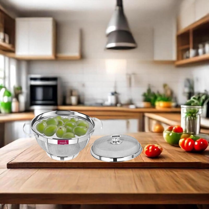Amanda Stainless Steel Round Flat Basket with LID Used for Keeping Fruits Vegetables Premium 304 Food Grade Stainless Steel Size no 10 26 cm Diameter30L x 26W x 16H centimeters Silver - Image 4