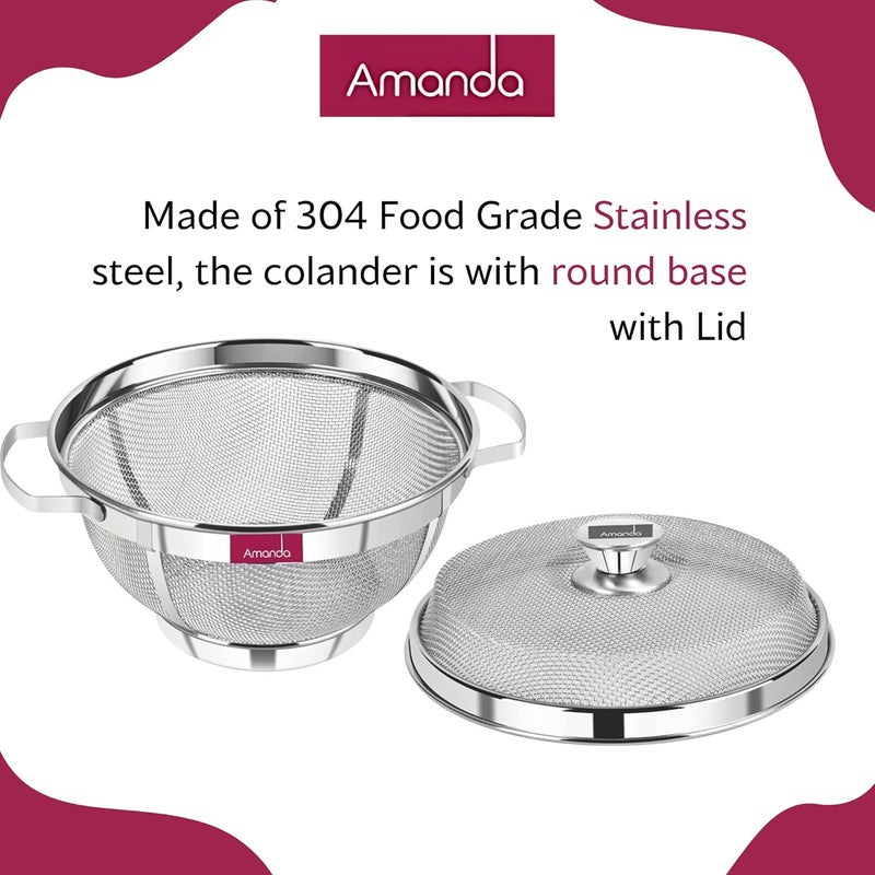 Amanda Stainless Steel Round Flat Basket with LID Used for Keeping Fruits Vegetables Premium 304 Food Grade Stainless Steel Size no 10 26 cm Diameter30L x 26W x 16H centimeters Silver - Image 2