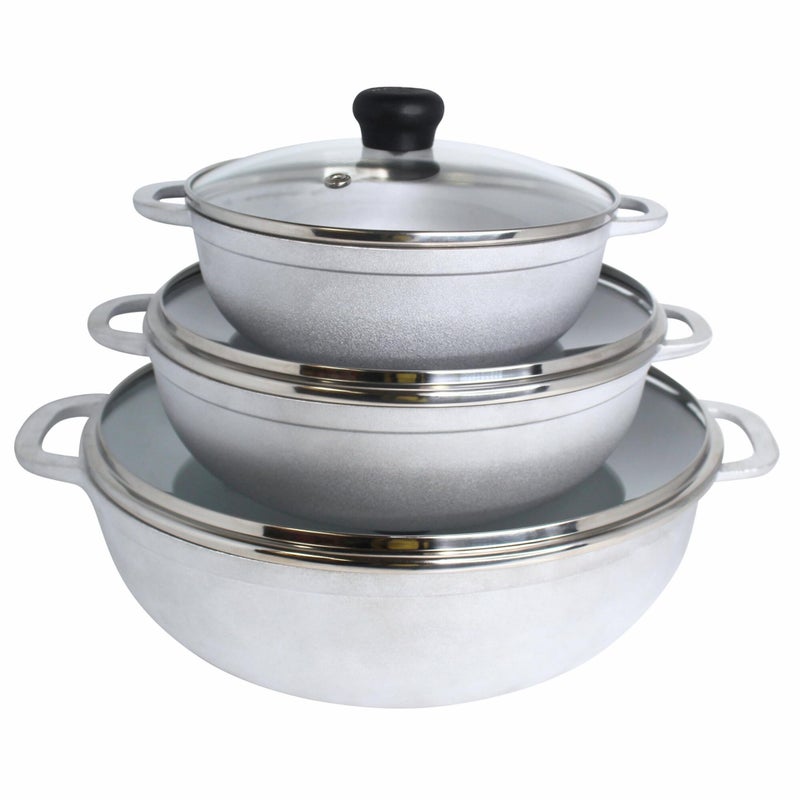 IMUSA Caldero Stock Pot with Glass Lid 3pc Set, 1.5/2.5/5.2qt, Cast Aluminum, Perfect for Serving Medium & Small Groups, Riveted Handles, Made in Colombia, Silver. - Image 1