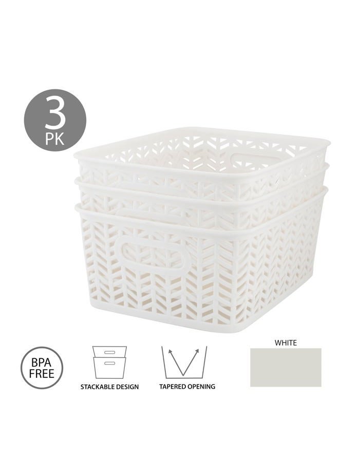 Simplify 3 Pack Small Herringbone Storage Basket | Dimensions: 10"x8"x4" | Light Weight | Two Open Handles | White | Organization | Many Uses | Kitchen Storage | Bathroom Storage | - Image 3