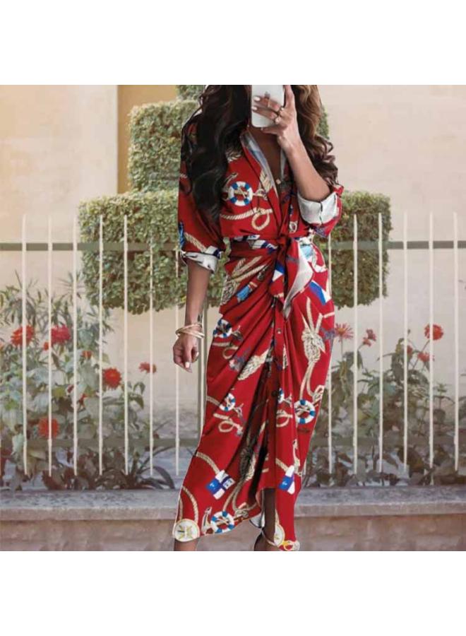 European And American Women's Clothing Hot Summer Long Sleeve V-neck Button Elegant Commuter Shirt Long Dress