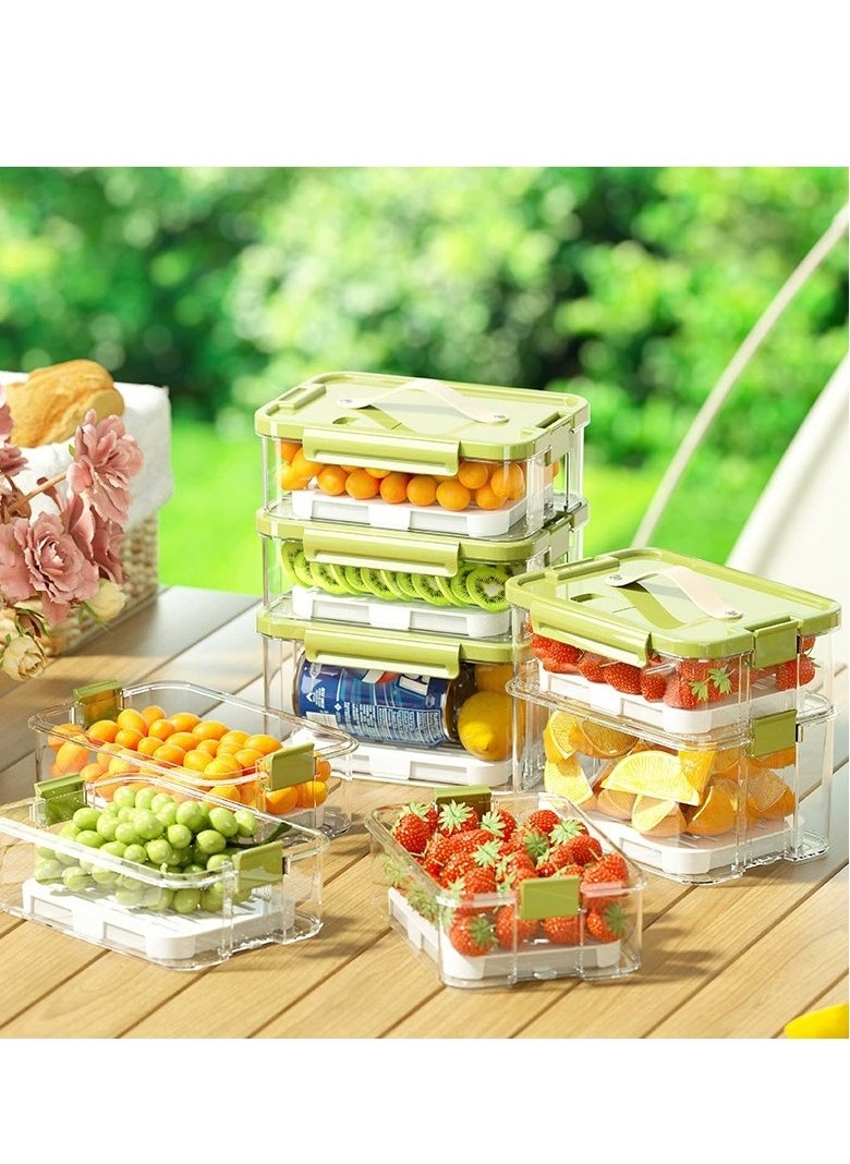 2pcs Clear Crisper Box Fridge Organizers Stackable Refrigerator Storage Containers with Drainage Board and Ice Compartment for Food Drinks Vegetable（1000ml)