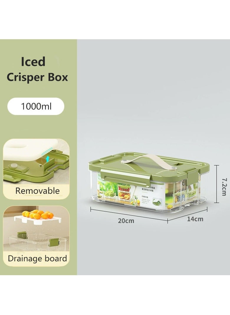 2pcs Clear Crisper Box Fridge Organizers Stackable Refrigerator Storage Containers with Drainage Board and Ice Compartment for Food Drinks Vegetable（1000ml)