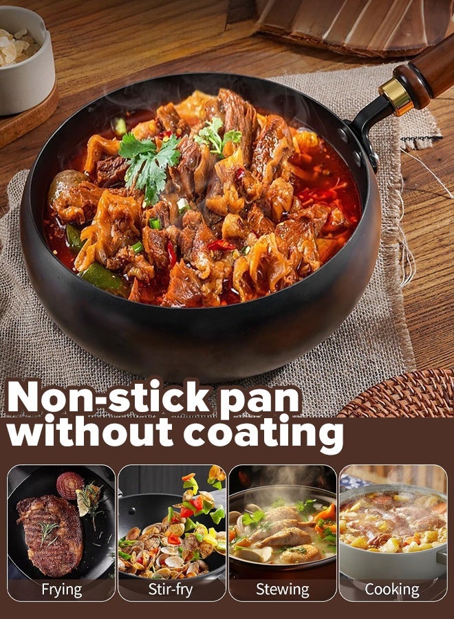 Handmade Non-Stick Wok Pan - 24cm Compact Single Serving Size w/ Wooden Lid (Wooden Cover) - All Stovetops - Image 3