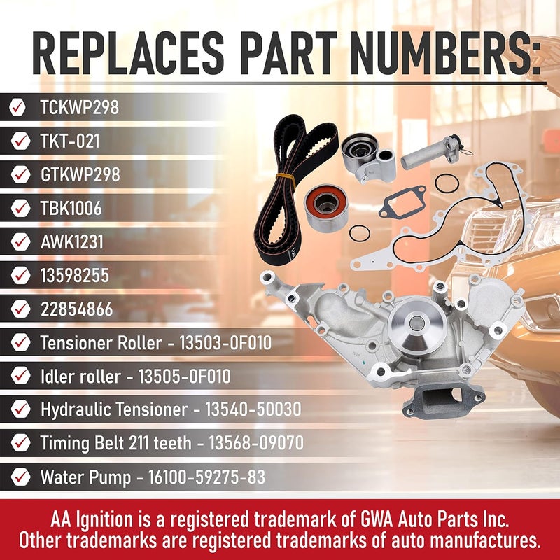 AA Ignition Engine Timing Belt with Water Pump Kit - Compatible with Lexus, Toyota - 4.0L, 4.3L, 4.7L - GS430, GX470, LS430, SC400, SC430, 4Runner, Land Cruiser, Sequoia, Tundra - Replaces TKT-021, TCKWP298 - Image 3