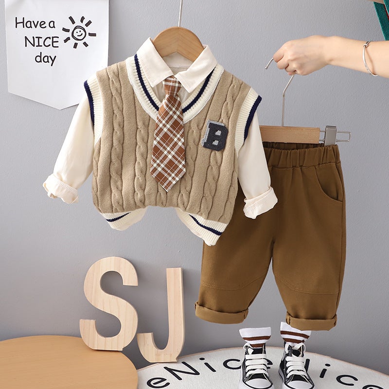 Boys Stylish Knit Sweater Set Autumn 2023 Long Sleeve Tie B Sweater Three-Piece khaki