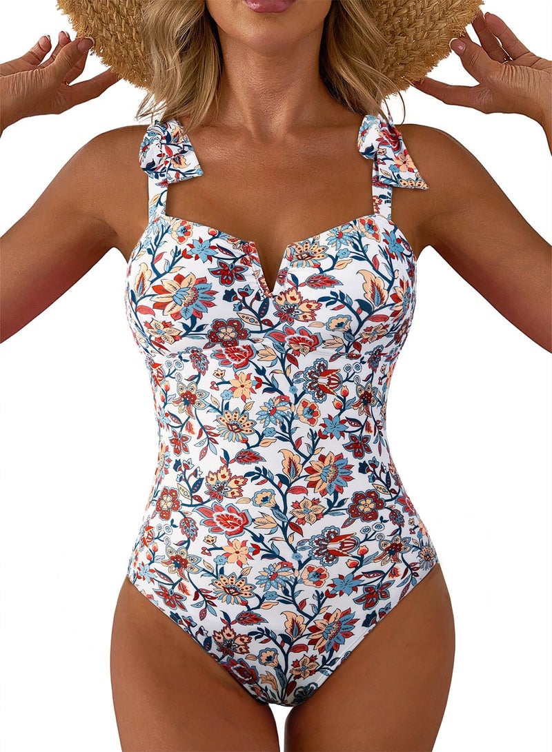 Aleumdr Vintage One Piece Swim Suit for Women 2026 Fashion Tummy Control Bathing Suits with Pads Full Coverage Swimsuit Print Floral Slimming Swimwear Red Large - Image 1