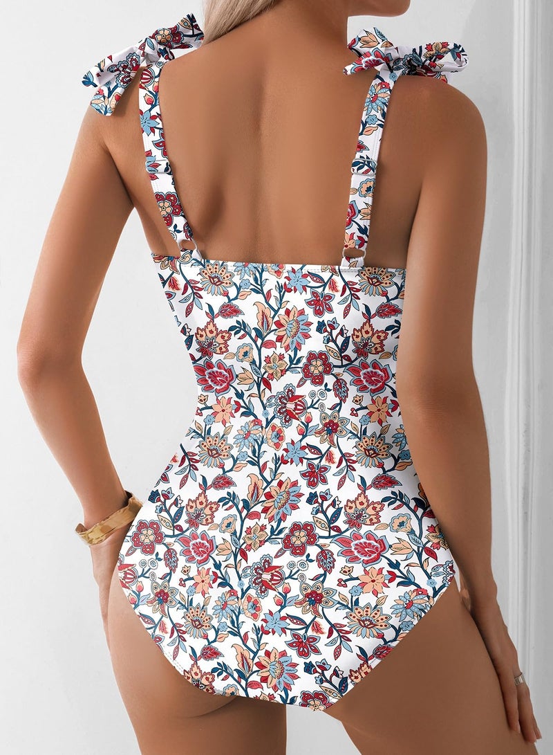 Aleumdr Vintage One Piece Swim Suit for Women 2026 Fashion Tummy Control Bathing Suits with Pads Full Coverage Swimsuit Print Floral Slimming Swimwear Red Large - Image 3