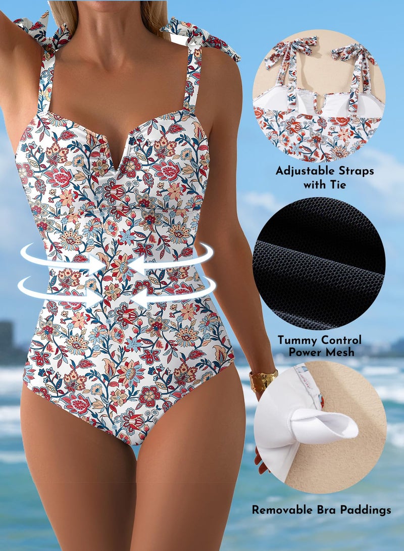 Aleumdr Vintage One Piece Swim Suit for Women 2026 Fashion Tummy Control Bathing Suits with Pads Full Coverage Swimsuit Print Floral Slimming Swimwear Red Large - Image 5