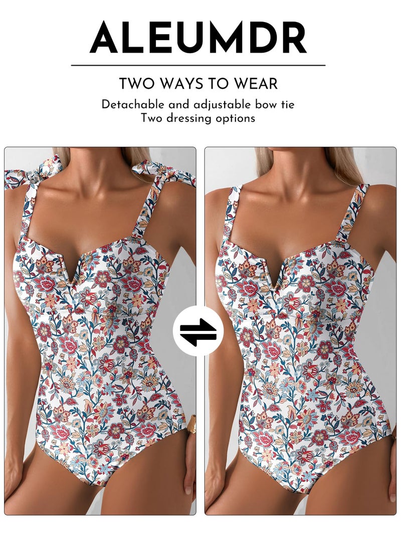 Aleumdr Vintage One Piece Swim Suit for Women 2026 Fashion Tummy Control Bathing Suits with Pads Full Coverage Swimsuit Print Floral Slimming Swimwear Red Large - Image 4