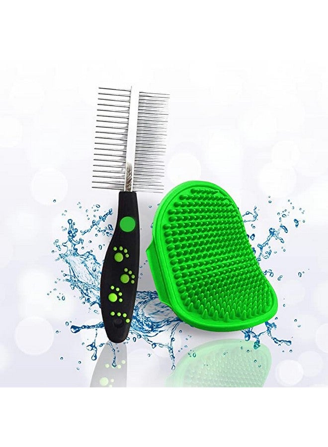 مشط مزدوج الجوانب من الفولاذ للعناية بالحيوانات الأليفة وفرشاة شامبو للحيوانات الأليفة للاستحمام وفرشاة يد بشعيرات مطاطية للكلاب والقطط عبوة مكونة من قطعتين - Image 1