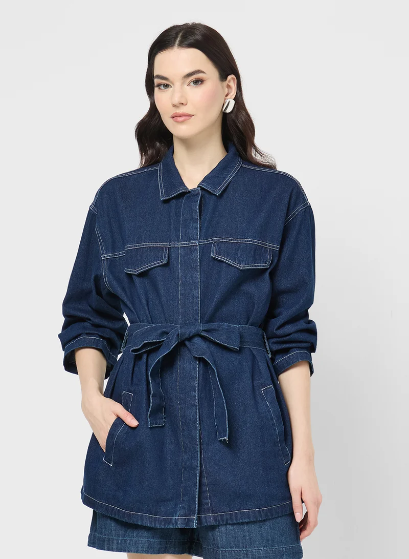 جينجر Longline Belted Denim Jacket