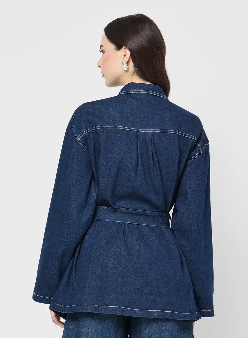 جينجر Longline Belted Denim Jacket