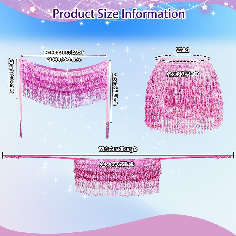 MUNAFIE Sequin Tassel Hip Scarf Sequin Tassel Skirts Rave Fringe Hip Scarf for Festival Belly Dance Skirt Pink - Image 4