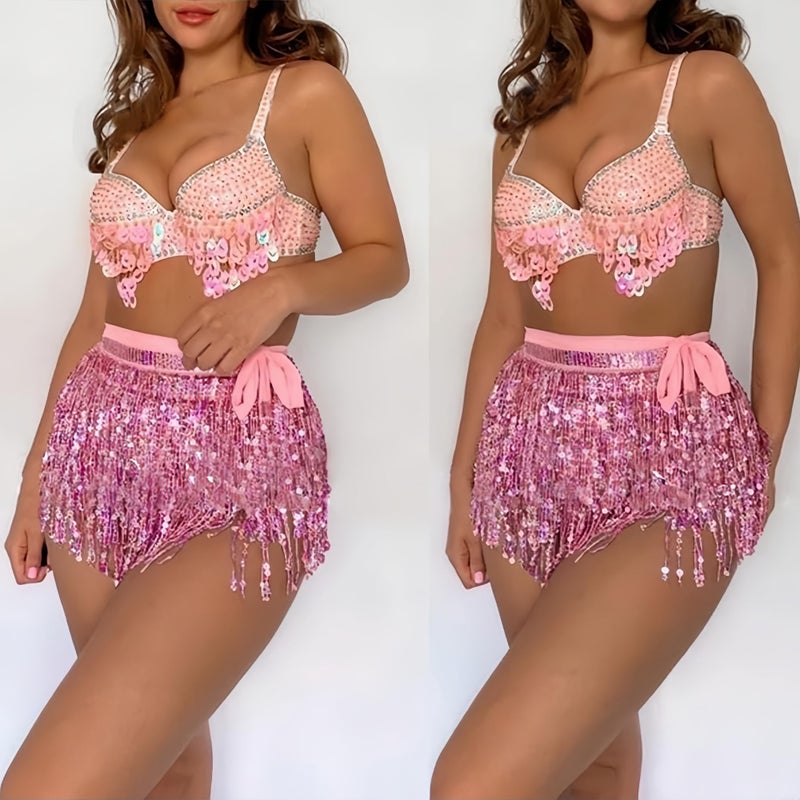 MUNAFIE Sequin Tassel Hip Scarf Sequin Tassel Skirts Rave Fringe Hip Scarf for Festival Belly Dance Skirt Pink - Image 5