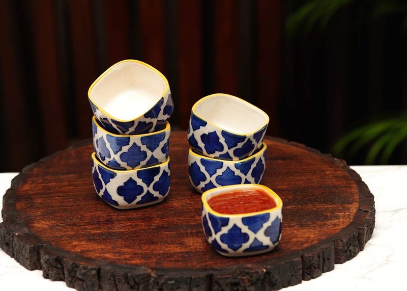 Freakway Ceramic Handpainted Moroccan Studio Pottery Chutney Bowl/Small Katori Set (Black and Off White, Small- 40 ml) Set of 6 - Image 1