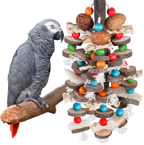 BBjinronjy Large Parrot Toys Bird Chewing ToysNatural Nuts Corn Loofah Wooden Bird Cage Toy for African GreyMacawsConureCokatoosCockatielParrots and Other Medium and Small Birds - Image 1