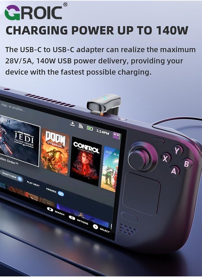 GROIC محول USB C 180 درجة، 2 حزمة، محول USB-C زاوية 180 درجة ذكر إلى USB-C أنثى 20 جيجابت في الثانية PD 140 وات لسطح البخار والمحول والكمبيوتر المحمول والكمبيوتر اللوحي والهاتف والمزيد من الأجهزة من النوع C  - Image 2