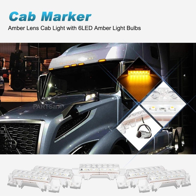 Partsam 5PCS Clear Lens 6LED Amber Cab Light Truck Trailer Top Cab Marker Roof Running Light Waterproof Reflective Lights Assembly Compatible with 2004 VN/2003-2020 VNL Trucks - Image 2