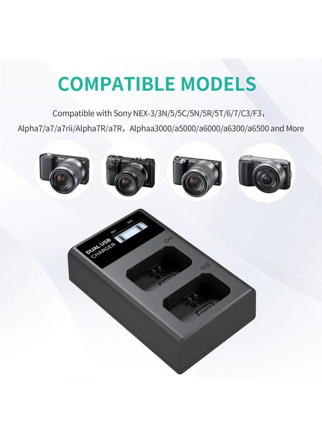 LP شاحن بطارية NP-FW50، شاحن LCD مزدوج متوافق مع سوني ألفا A6000، A6400، A6100، A6300، A6500، A5100، A7، A7 II، A7R، A7R II، A7R2، A7S، A7S II، A7S2، A50000، A300000 0، RX10، سلسلة R10 - Image 2