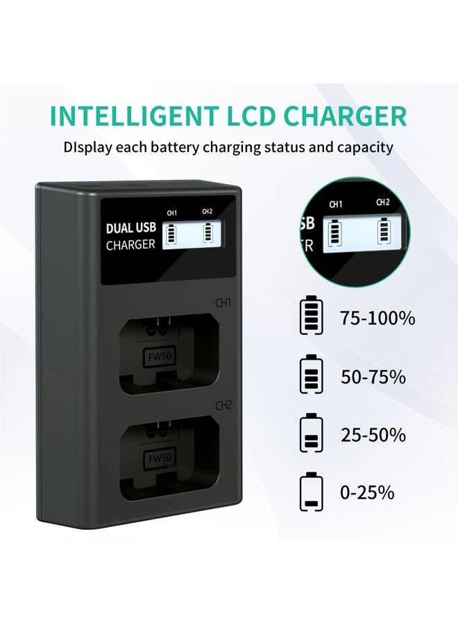 LP شاحن بطارية NP-FW50، شاحن LCD مزدوج متوافق مع سوني ألفا A6000، A6400، A6100، A6300، A6500، A5100، A7، A7 II، A7R، A7R II، A7R2، A7S، A7S II، A7S2، A50000، A300000 0، RX10، سلسلة R10 - Image 5