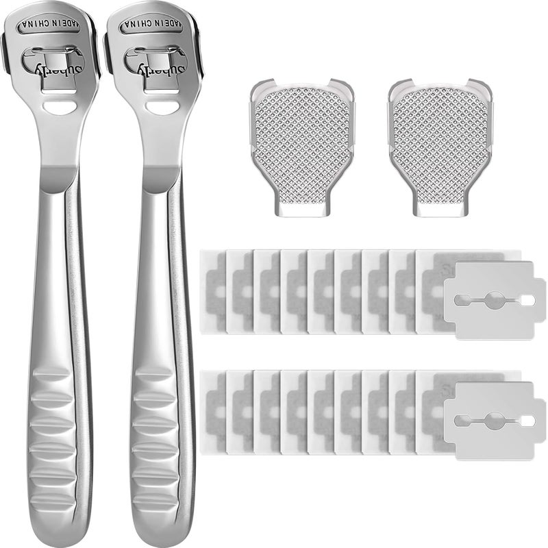 24 Pieces Callus Shaver Set 20 Replacement Slices Blades 2 Callus Shavers and 2 Foot File Head Foot Care Tools Steel Handle Hard Skin Remover for Hand Feet Grooved Handle