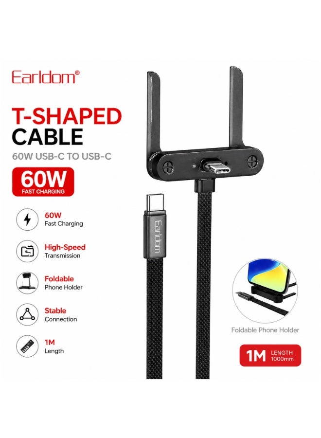 Earldom EC-220C-C 60W USB-C to USB-C Fast Charging Cable with Foldable Phone Holder, High-Speed Data Transfer, 1 Meter - Image 3