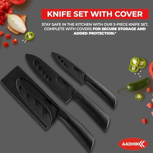 AADHIK Knife Set of 3 with Cover, Stainless Steel Knives for Kitchen| Sharp Edge Cutting Chef Knifes for Chopping Vegetables, Fruits, Multipurpose Knife, Kitchen Tools(Set of 3, Black) - Image 3