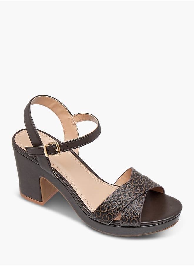 Celeste Womens Monogram Print Sandals With Block Heels And Buckle Closure  - Image 1