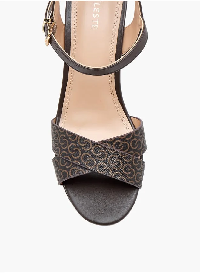 سيليست Womens Monogram Print Sandals With Block Heels And Buckle Closure