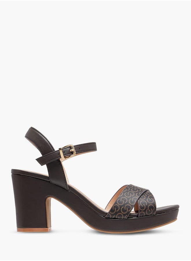 Celeste Womens Monogram Print Sandals With Block Heels And Buckle Closure  - Image 3