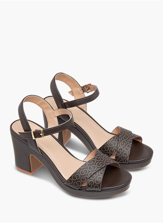 Celeste Womens Monogram Print Sandals With Block Heels And Buckle Closure  - Image 2