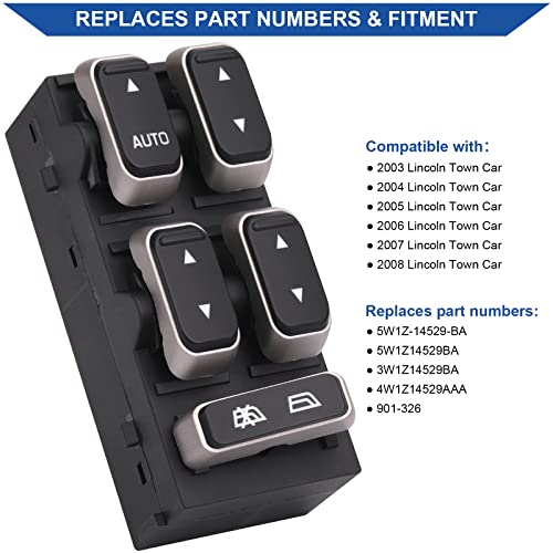 Obaee Front Left Driver Side Power Master Window Switch Compatible with Lincoln Town Car 2003 2004 2005 2006 2007 2008, Replace OE 5W1Z-14529-BA, 901-326, 3W1Z14529BA - Image 2